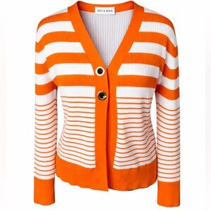 Rio‎ & Rian Orange White Striped Cardigan Ribbed Knit Statement Sweater